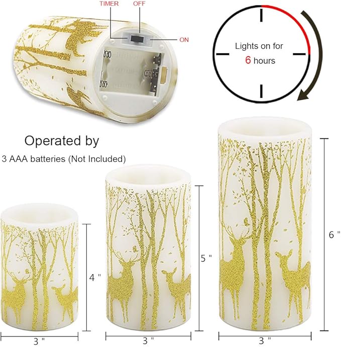 Gold Deer Flameless Candles with 6H Timer, Set of 3 Real Wax LED Flickering Candles, Christmas Pillar Candles with Gold Elk Decor for Home Party Decorations(H6 x D3)