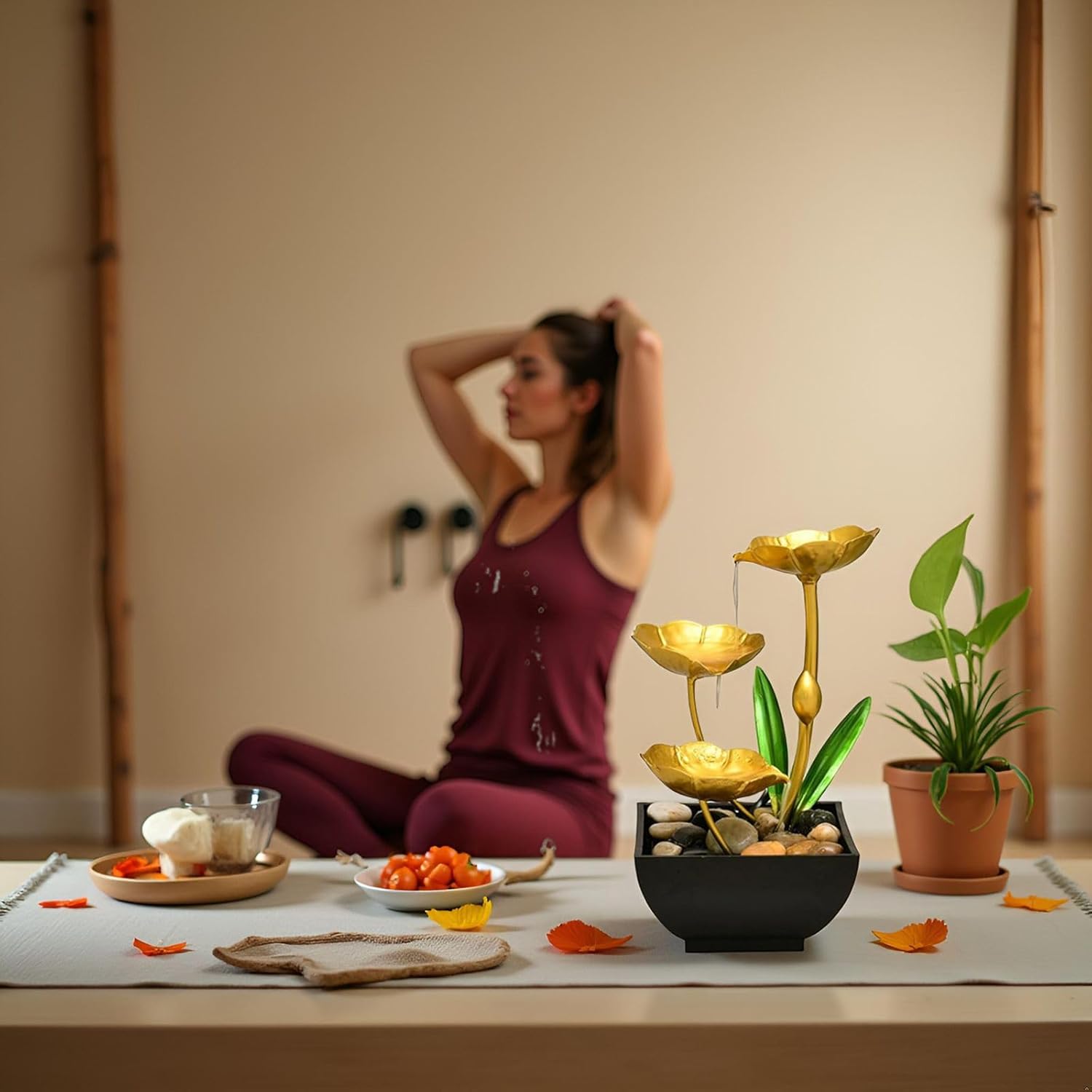 Gold Tabletop Water Fountain, Desktop Waterfall, Indoor Lotus Desktop Decorative Fountain, Home Bathroom Bedroom Decor.