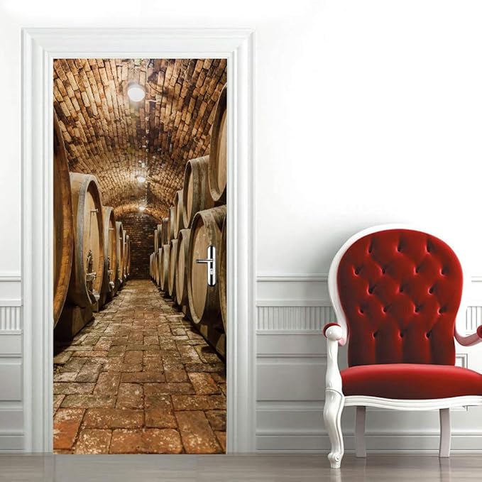 3D Door Stickers Murals Peel and Stick - Wine Cellar - Door Wallpaper Self-Adhesive Door Decals Removable PVC Waterproof Door Poster for Bedroom Living Room Door Decoration 34.6" x 78.7"