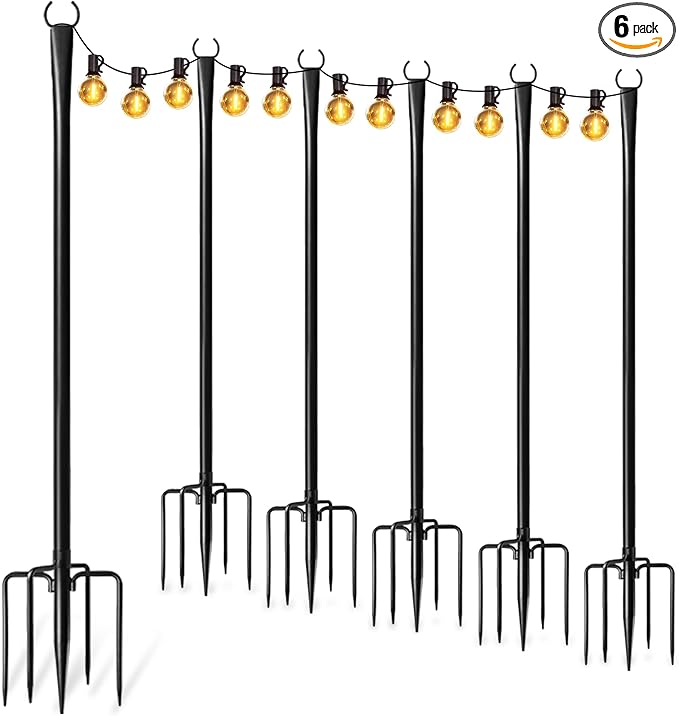 6 Pack String Light Poles for Outside, Thickened Metal Lights Hanger Pole Outdoor with Fork, Lighting Hanging Post Accessories for Patio Decor Garden Backyard Yard Front Porch Outside Decorations