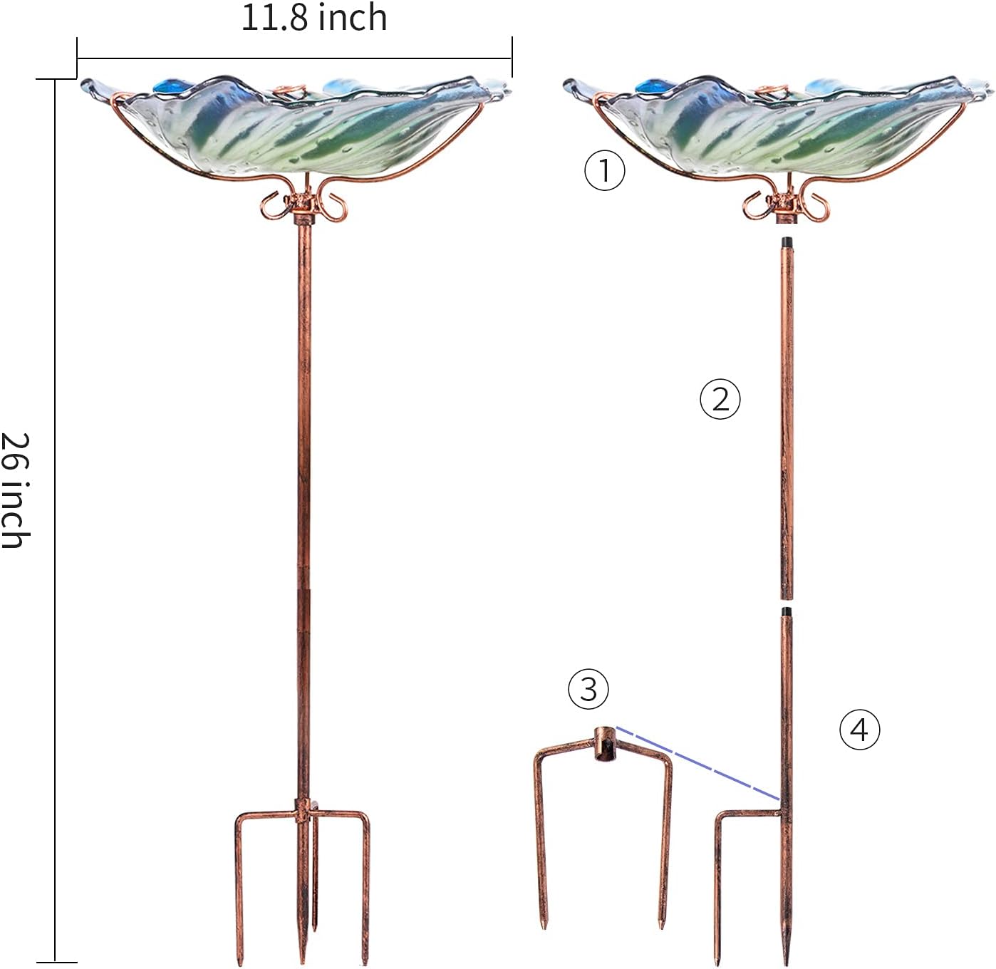 Glass Bird Bath Outdoor Birdbaths Garden Birdfeeder with Metal Stake Green(Height:26inch)