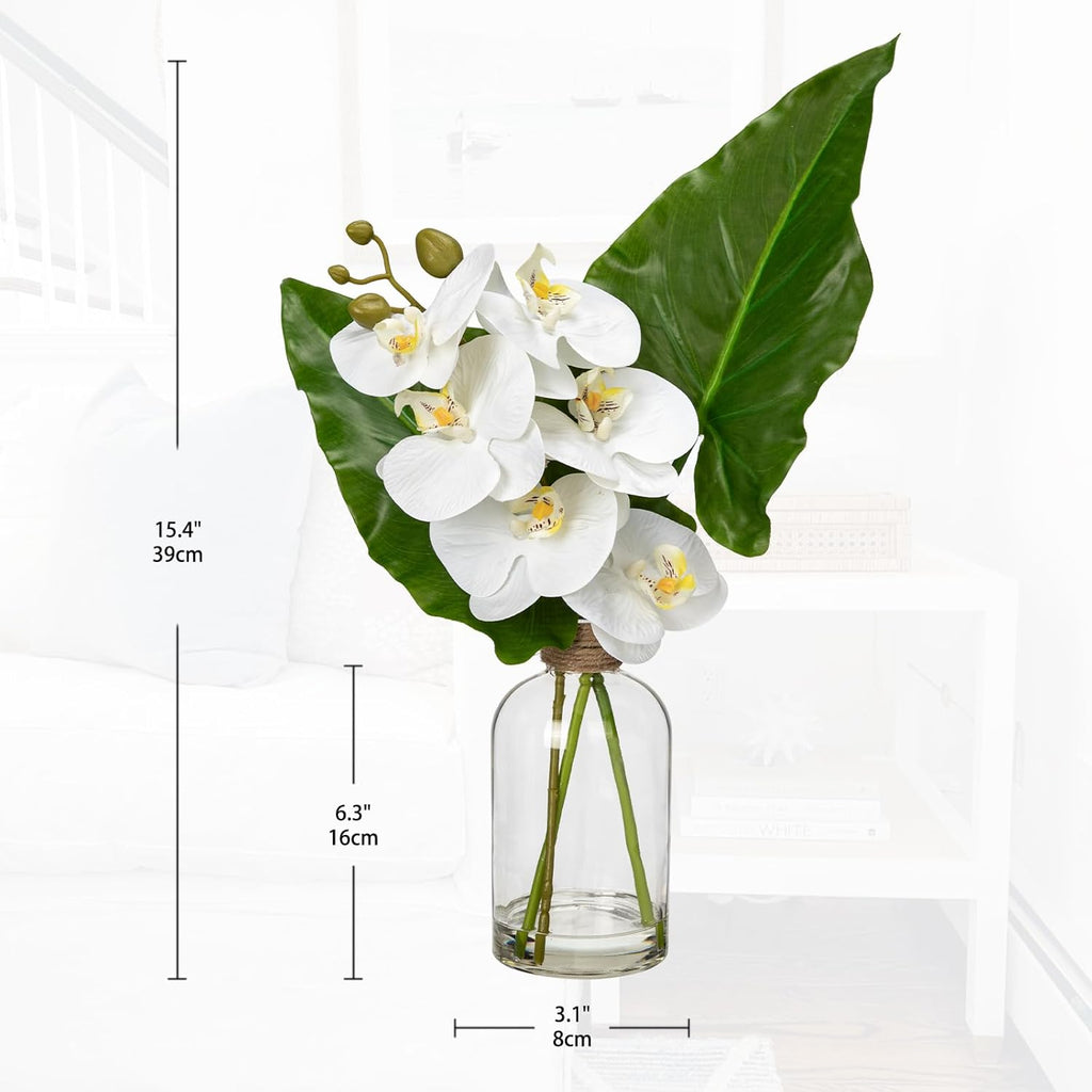 Fake Plant and Faux Orchids in Glass Vase, 15.4" Realistic Faux Tropical Plants Artificial Orchids with Fake Water for Home Farmhouse Office Centerpiece Bathroom Kitchen Counter Décor