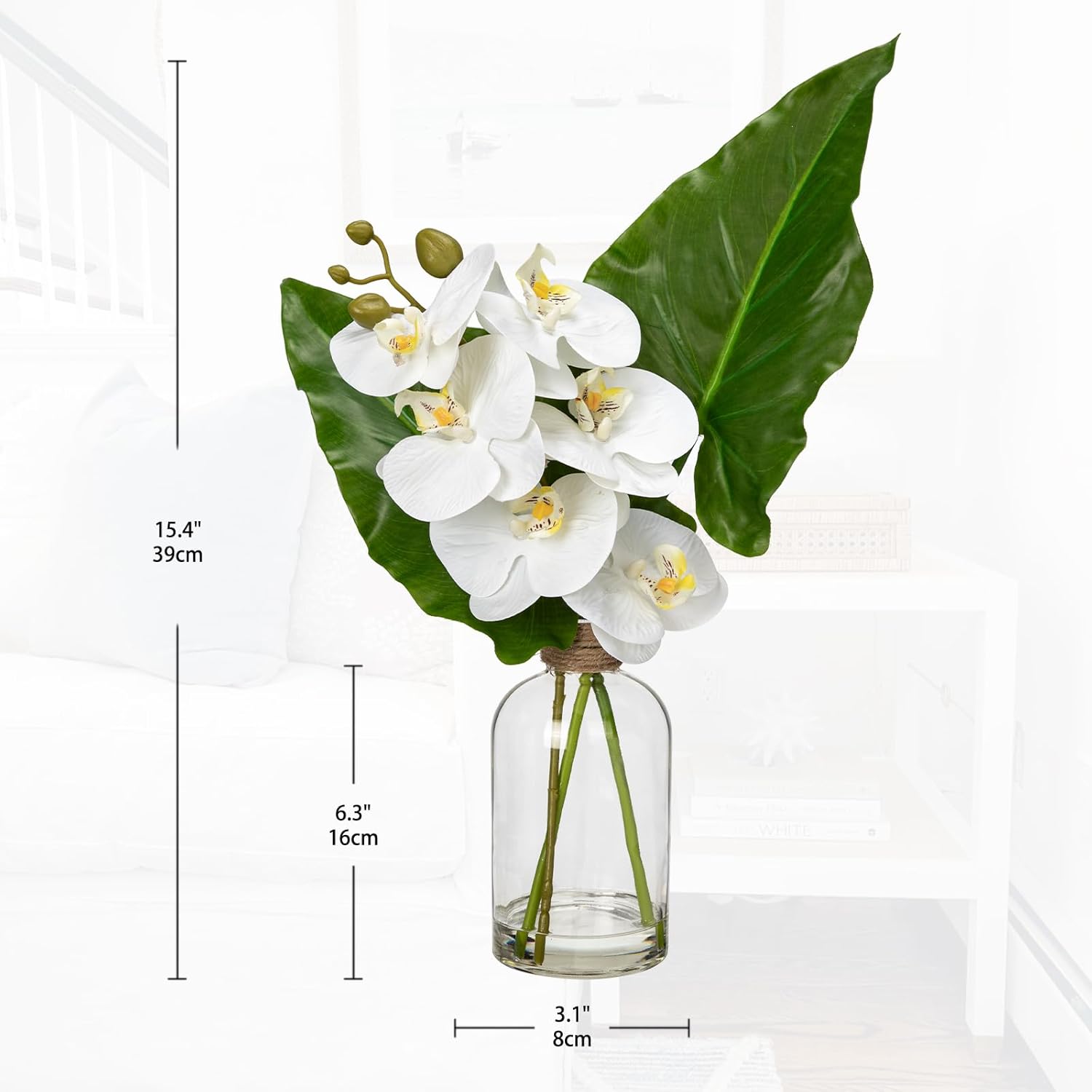 Fake Plant and Faux Orchids in Glass Vase, 15.4" Realistic Faux Tropical Plants Artificial Orchids with Fake Water for Home Farmhouse Office Centerpiece Bathroom Kitchen Counter Décor