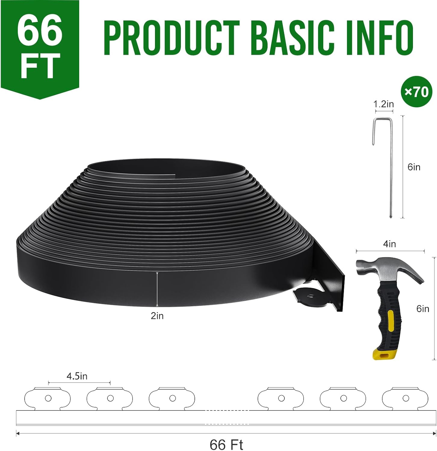 66FT Landscape Edging 2 in Tall with 70 Spikes, Garden Edging Border and 1 Hammer, Plastic Landscape Edging Border Lawn Edging for Landscaping, Flower Beds, Yard