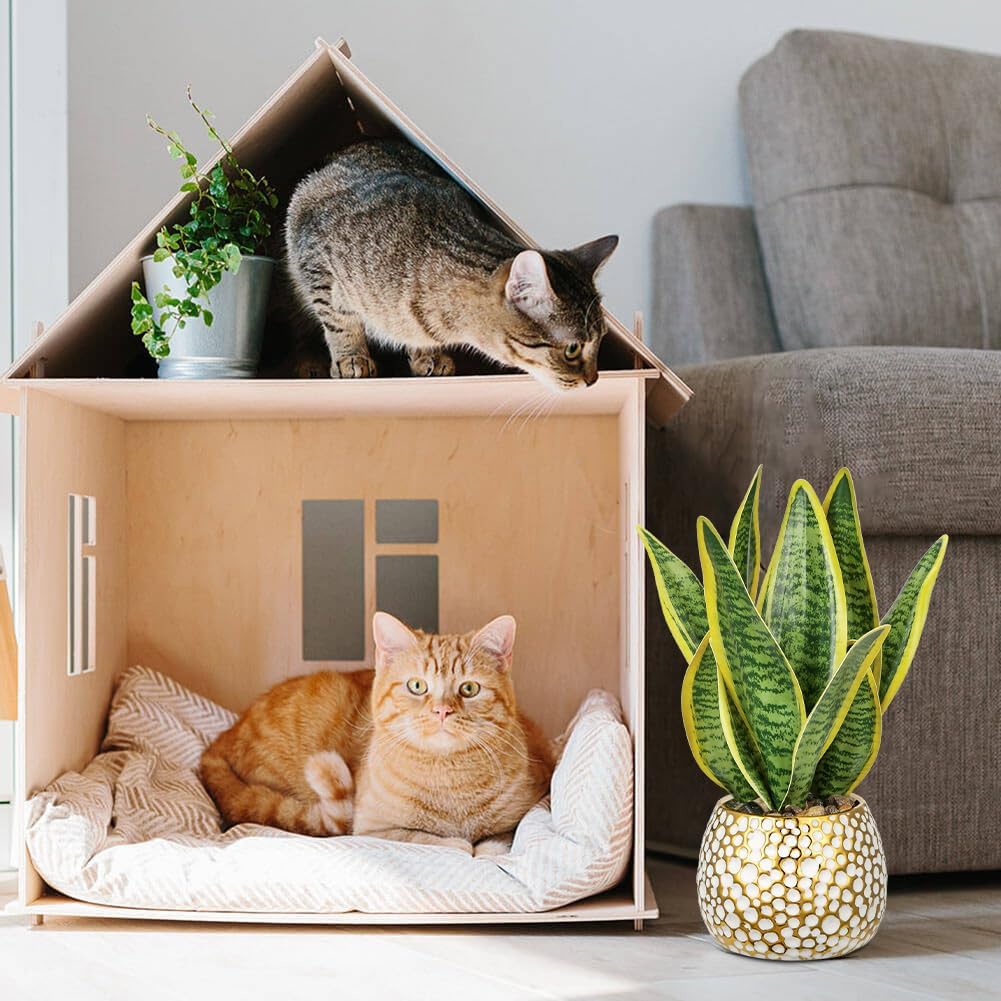 Hollyone Artificial Snake Plant Potted Faux Sansevieria Trifasciata Plants, 13" Tropical Fake Plants in Ceramic Pots for Home Office Room Indoor Decor Housewarming Gifts