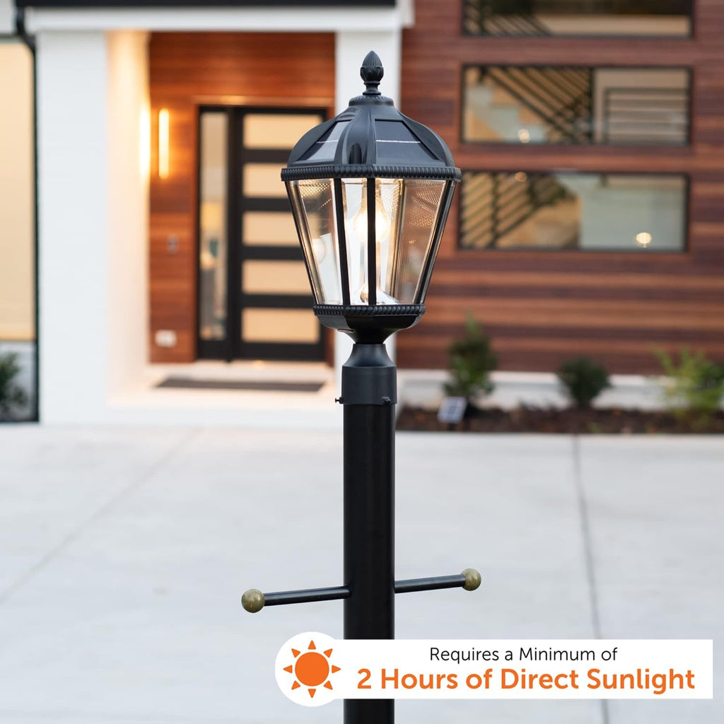 Gama Sonic Outdoor Solar Post Light, Black Aluminum, Royal Bulb, Rain Water Glass, Single Lamp with 3-inch Fitter for Lamp Posts Warm White LED, 98B012 (Upgraded Panel and Battery)