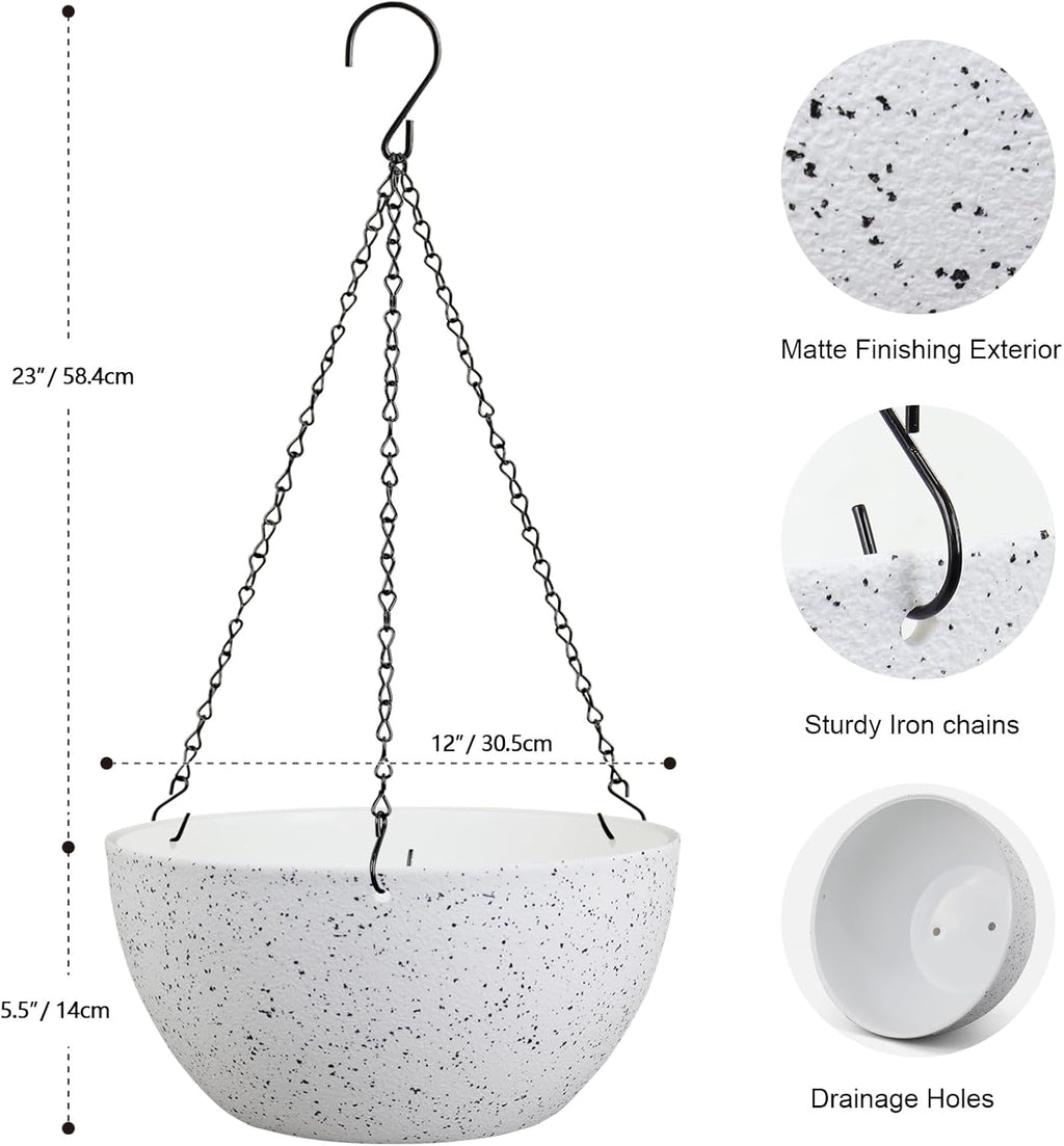 12 inch Large Hanging Planters for Indoor Outdoor Plants, 2 Pack Hanging Flower Pots with Drainage Holes and Chain for Garden Porch, Plastic Hanging Baskets for House Plants, Speckled White