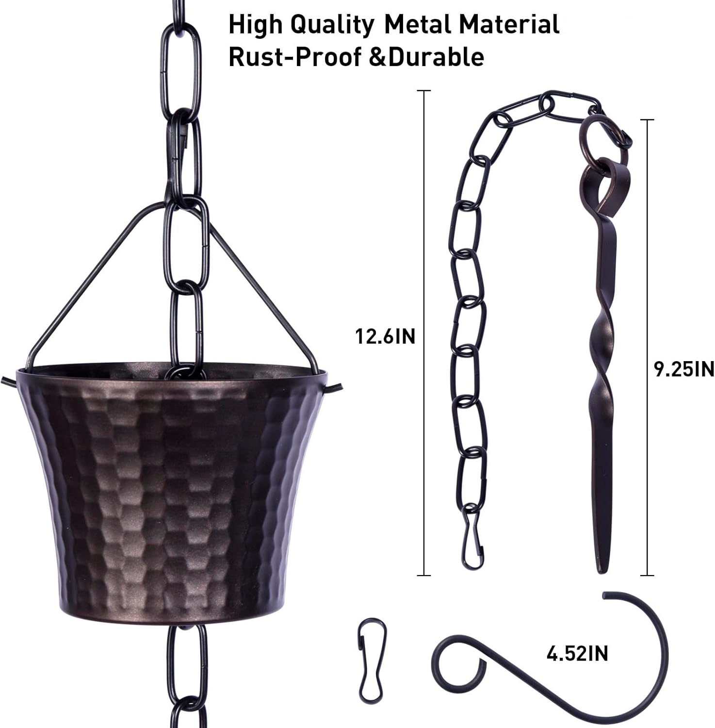 Rain Chains for Gutters with Adapter,Wrought Iron Rain Chain Set 8.5 Ft Not Rust, Gotta Drain with Sturdy Anchoring Stake, 14 Cups, 1 Hook, Adjustable Gutter Downspout for Outdoor Decorative
