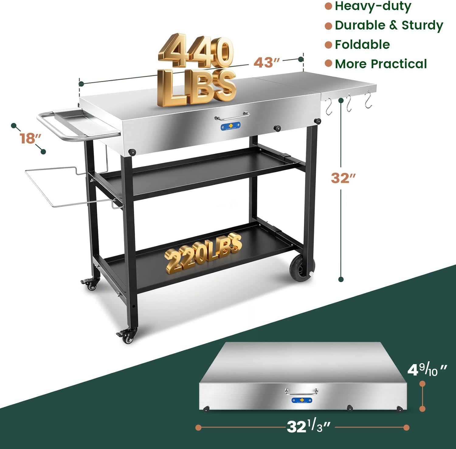 ARC Advanced Royal Champion Outdoor Grill Cart,Blackstone Griddle Stand,440lbs Grill Table Pizza Oven Stand with Wheels for Ninja Woodfire Grill (43" W*17" D)