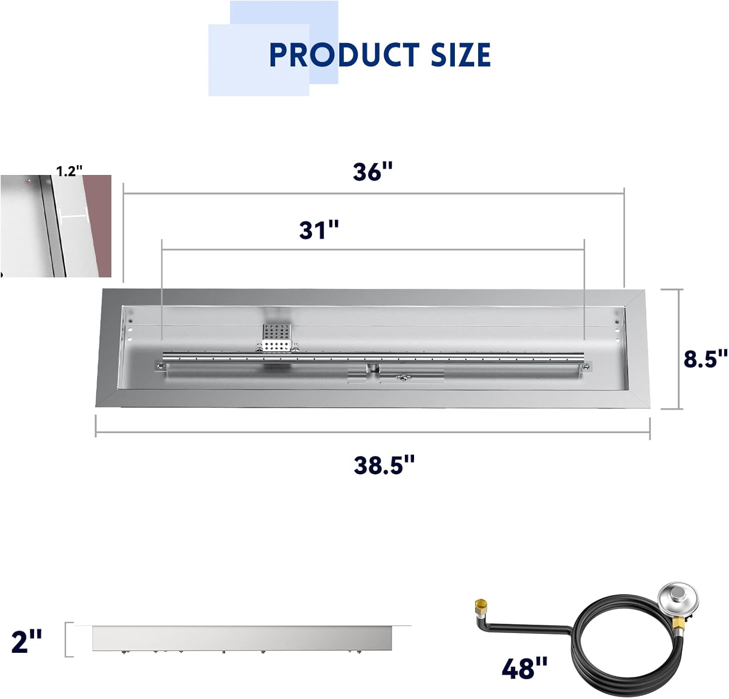 Skyflame 36" Linear Stainless Steel Fire Pit Drop-in Burner Kit with Flame Sensing, Electronic Spark Ignition, CSA Certified, and Propane Regulator Connector Hose Set for Propane Tank