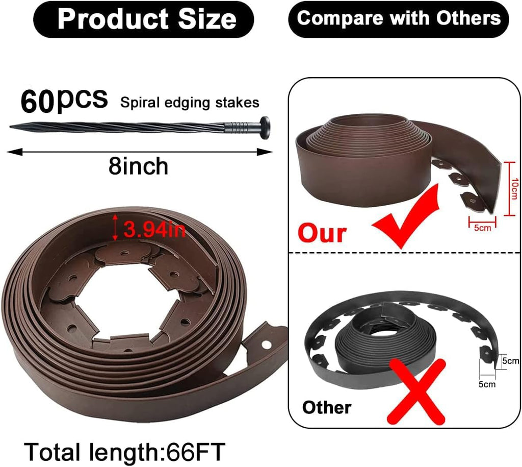 Flexible Garden Edging Borders 66FT,Landscape Edging Brown [Extra Tall 4IN High] with 60pcs Stakes,Garden Border Lawn Edging Mini Plastic Fence-Brown