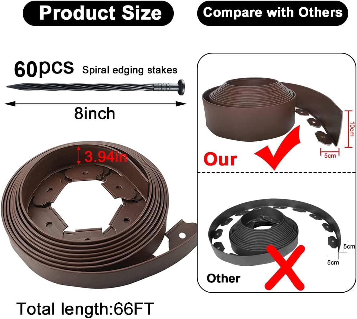 Flexible Garden Edging Borders 66FT,Landscape Edging Brown [Extra Tall 4IN High] with 60pcs Stakes,Garden Border Lawn Edging Mini Plastic Fence-Brown