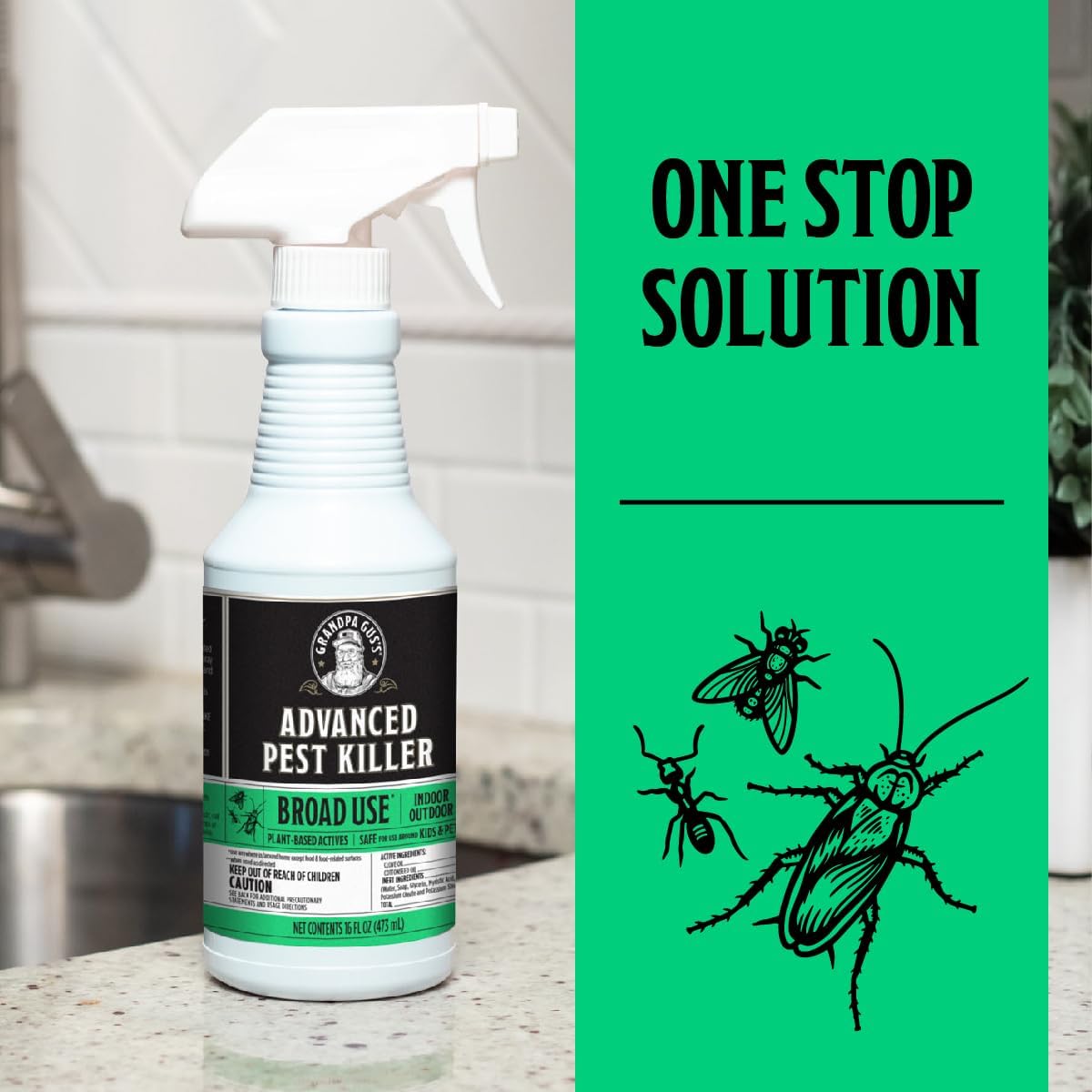 Grandpa Gus's Natural Pest Killer Spray, Ready-to-Use Indoor and Outdoor Insect Control, Kills Ants, Roaches, Spiders, Fleas, Ticks, Hornets, Wasps and More, Safe for Kids and Pets, 16 fl oz