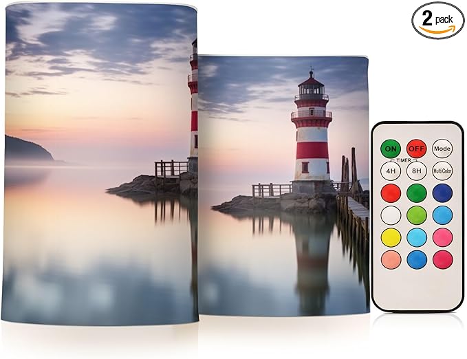 Lighthouse Flameless Candles with Remote Control and Timer, Adjustable Brightness Long Lasting Battery Operated LED Pillar Candles for Indoor Outdoor Party Home Decor, 2 Pack
