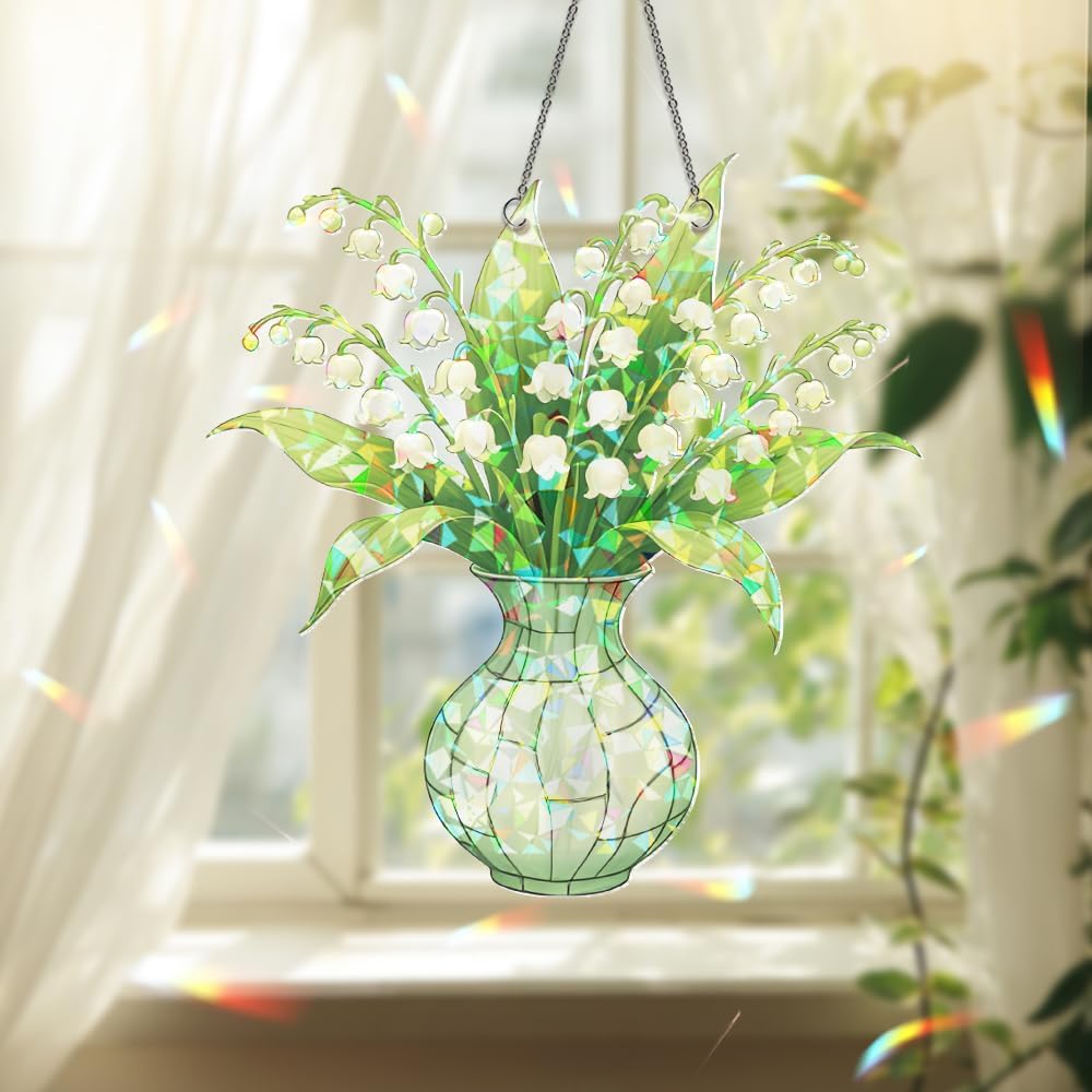 Lily of The Valley Stained Glass Suncatcher – Flower Vase Window Ornament, Sun Catchers Indoor Window, Garden Decor Gift, Plant Gifts for Women, Grandma, Mother's Day, Christmas