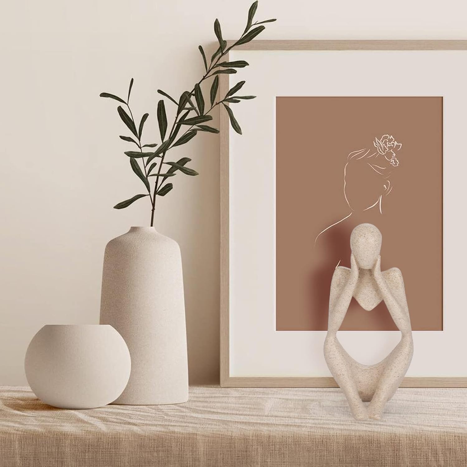 INNOLITES Boho Decor Thinker Statue Abstract Art Sculpture, Sandstone Resin Collectible Figurines for Home Living Room Office Shelf Decoration (Sandstone,Think)