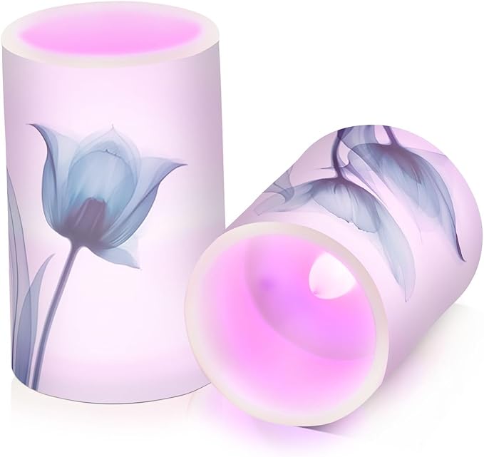 Flickering Flameless Candles, Blue Tulip Flower LED Candles with Remote Timer, Set of 2 Battery Operated Candle for Valentine Wedding Birthday