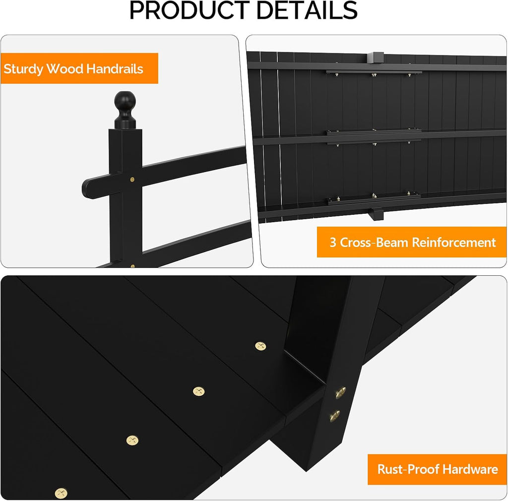 VINGLI Garden Bridge, Classic Wooden Arch with Safety Rails Footbridge (Black, 7.5 ft)