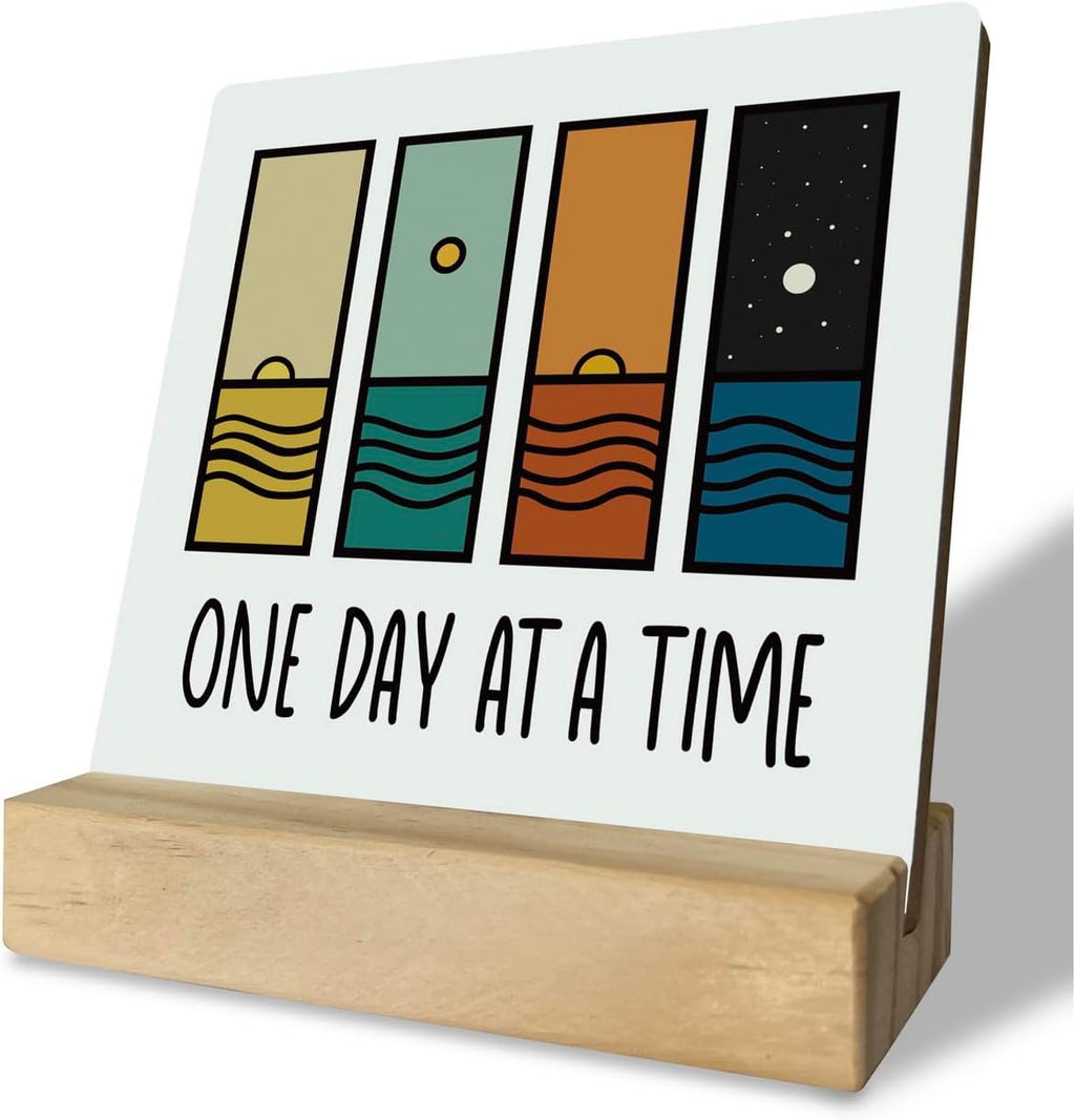 Primitive Wooden Sign, One Day at A Time, Desk Plaque with Wooden Stand 4 x 4.3 inches, Modern Decoration, Farmhouse Table Plaque Signs, Rustic Home Decor Plaque, Inspirational Sign, Uplifting Gift