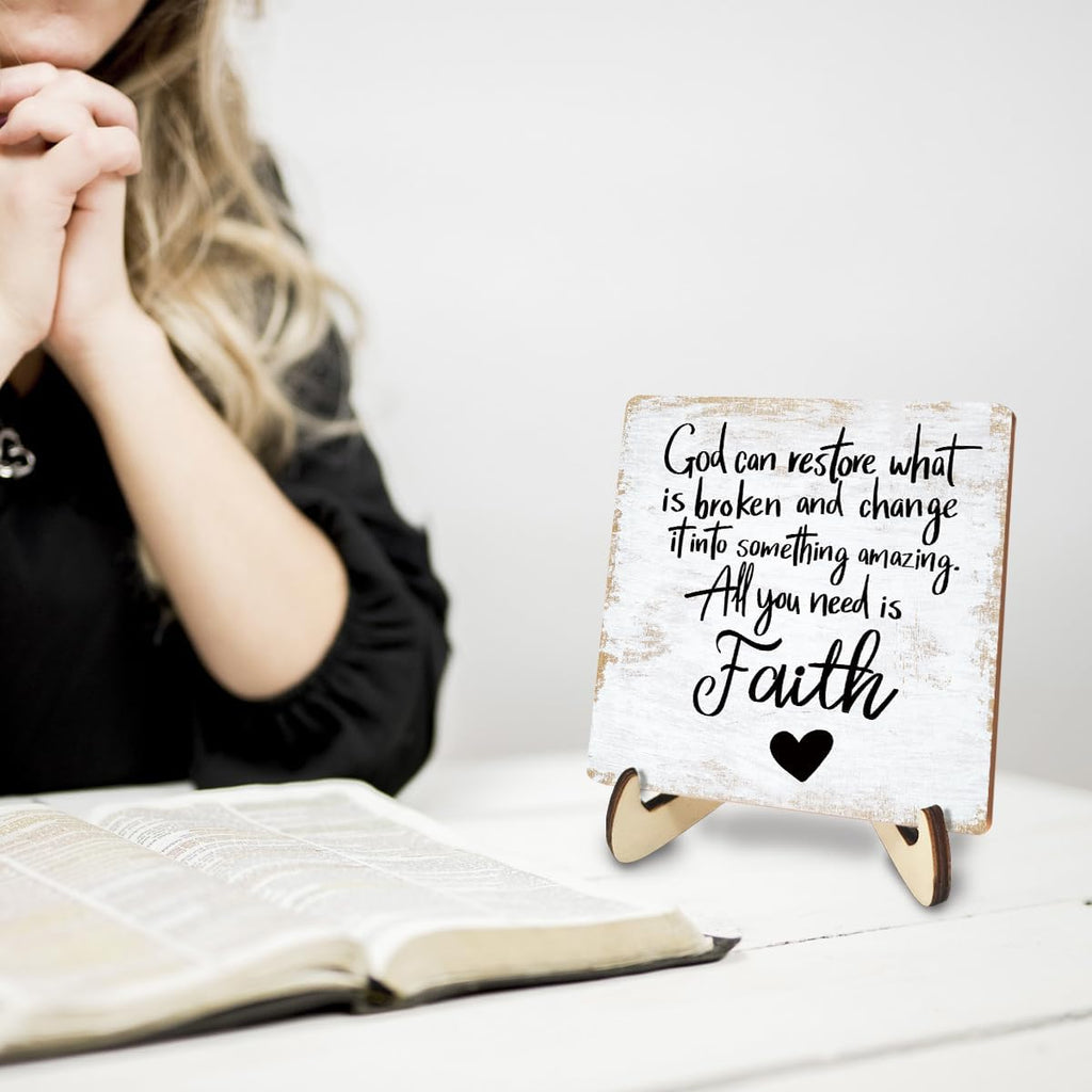 Motivational Wood Sign Rustic Desk Decor Home Bedroom Office Decor Work Table Desk Accessories Decorative Christian Religious Bible Verse Faith Decorations Office Supplies for Desk Cubicle Decor