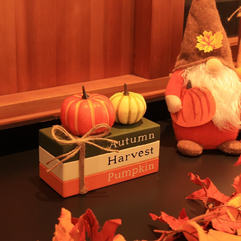DECSPAS Fall Decorations for Home, Autumn Harvest Wooden Stacked Books Sign with Pumpkins & Bow for Fall Decor, Thanksgiving Tabletop decorations for Tiered Tray, Shelf, Table, Mantle, Fireplace
