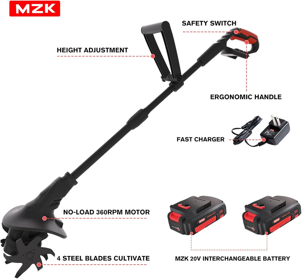 MZK 20V Cordless Tiller Cultivator with Steel Tines,8-inch Wide Battery Powered Garden Cultivator, 360RPM Electric Tiller for Lawn/Gardening/Soil Cultivation(2 * 2AH Battery&Charger Included),TC08D01