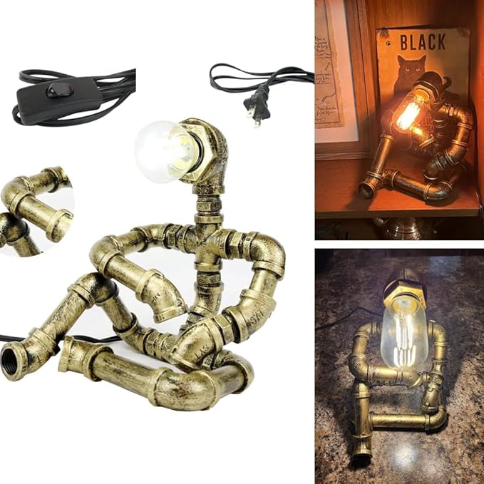 Steampunk Table Robot Lamps with 2 Bulbs,Retro Industrial Robot Desk Lamps Water Pipe Light for Office,Bedroom,Living Room in Bronze