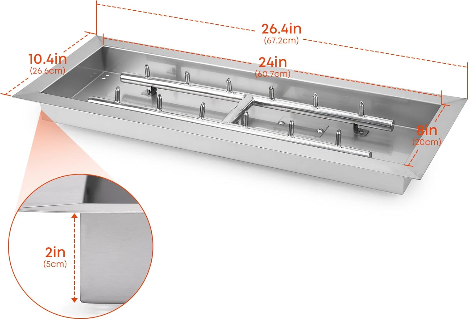 Stanbroil 24" x 8" Upgrade Rectangle Fire Pit Jet Burner Pan, 304 Stainless Steel Natural & Propane Gas Firepit for Outside, High Flame, 90k BTU Max