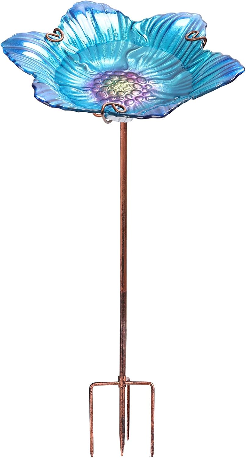 Outdoor Bird Bath Glass Birdbath Garden Birdfeeder with Metal Stake Blue(Height:26inch)