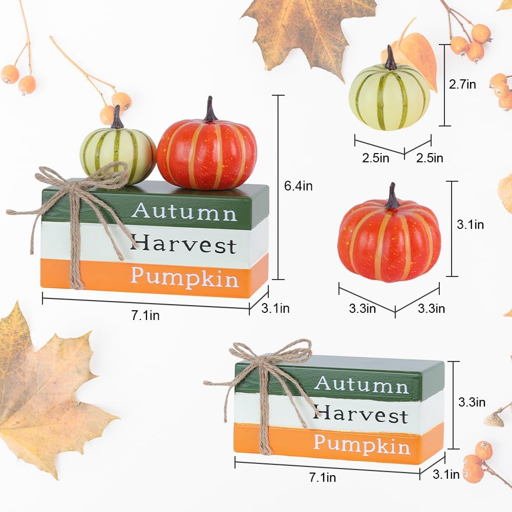 DECSPAS Fall Decorations for Home, Autumn Harvest Wooden Stacked Books Sign with Pumpkins & Bow for Fall Decor, Thanksgiving Tabletop decorations for Tiered Tray, Shelf, Table, Mantle, Fireplace