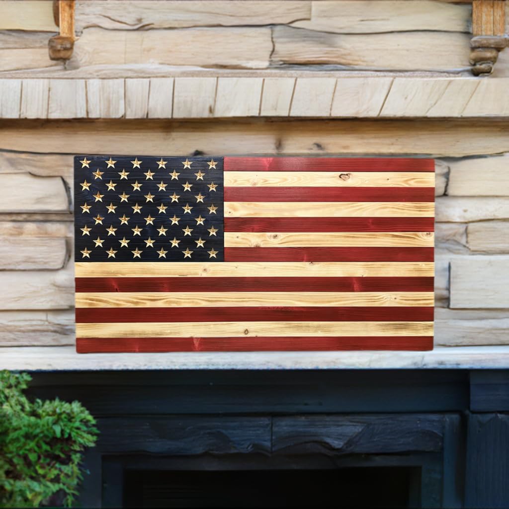Rustic Wooden American Flag, Patriotic Wall Art (Weather Protected Finish, 30.5x57.5)