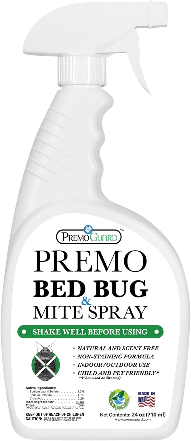 Premo Guard Bed Bug Killer Spray 24 oz - University Tested 100% Kill Rate - Natural Non Toxic, Stain & Scent Free - Kill Bedbugs & Mites On Bed & Blankets, Furniture, Clothing - Child & Pet Safe