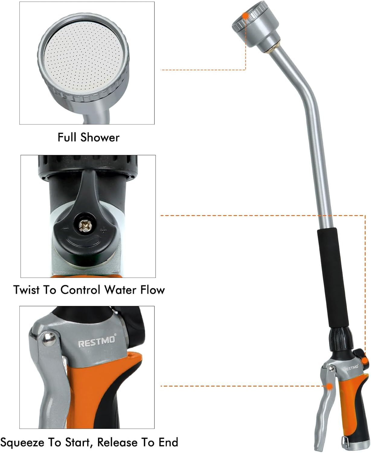 RESTMO Long Watering Wand, 24 Inches Gentle Soft Full Shower Sprayer Wand with Flow Control, Heavy Duty Metal Hose Wand for Hanging Baskets, Shrubs, Plants, Flowers, Garden and Lawn, Orange