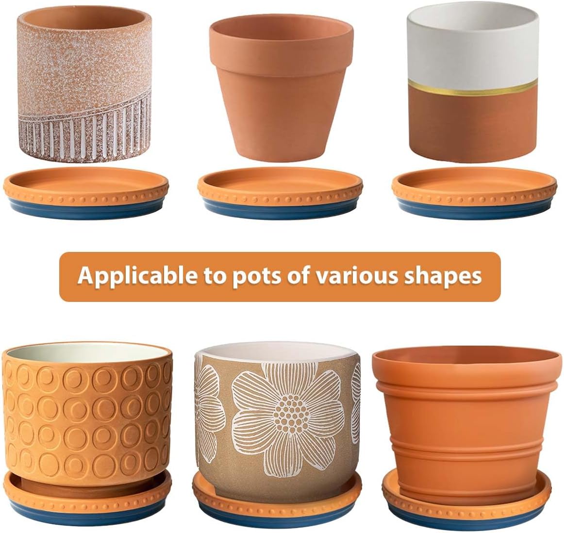 YBX 8-inch Plant Saucer Premium Terracotta Saucer Round Ceramic Plant Trays, Pack of 2 (Navy/Terracotta)