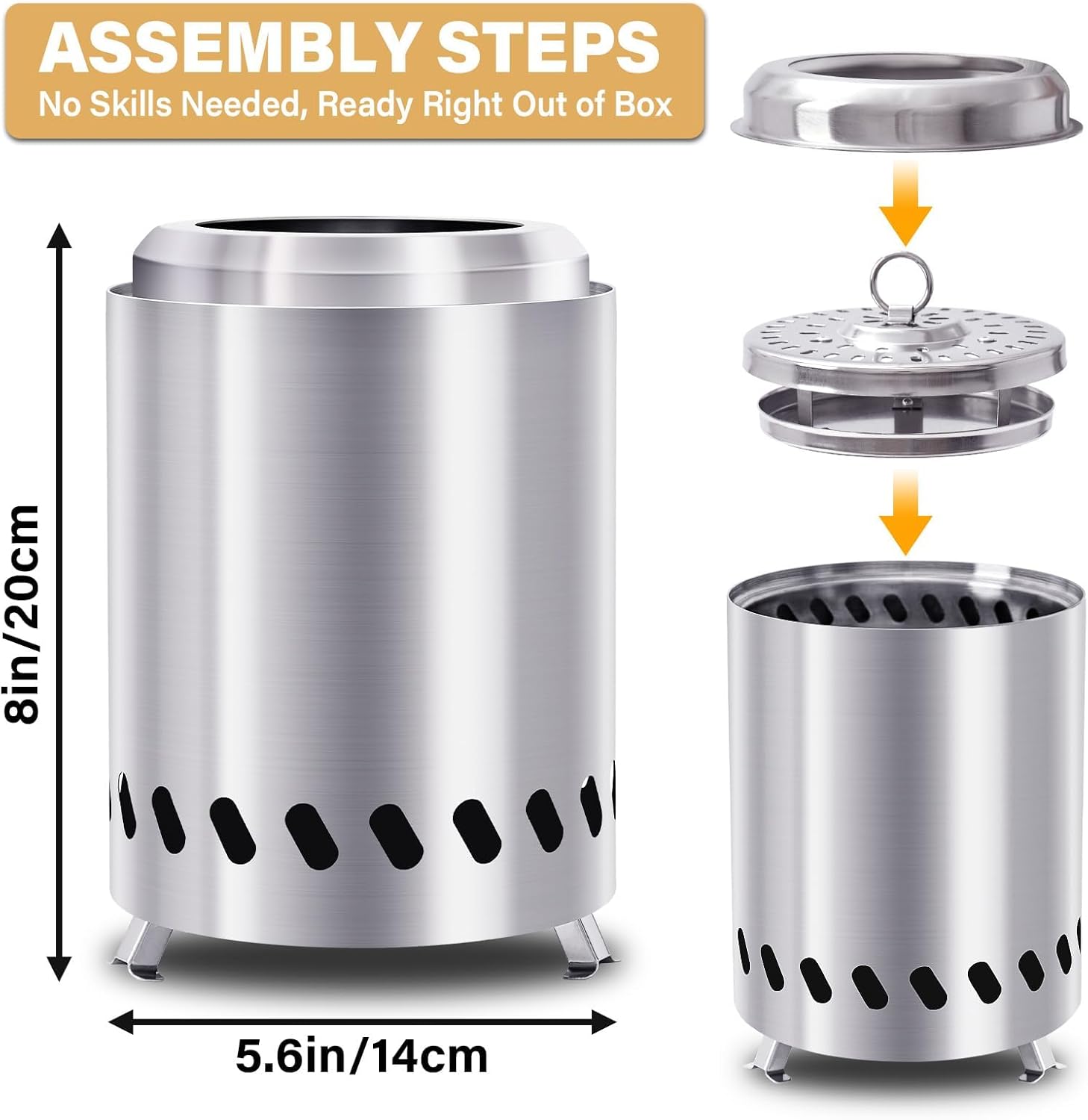 HGD Small Tabletop Fire Pit, Smokeless Table Top Firepit, Portable Mini Stove with Carry Bag for Camping Backyard Patio Garden Picnic, Fueled by Pellets or Wood, Stainless Steel, Silver