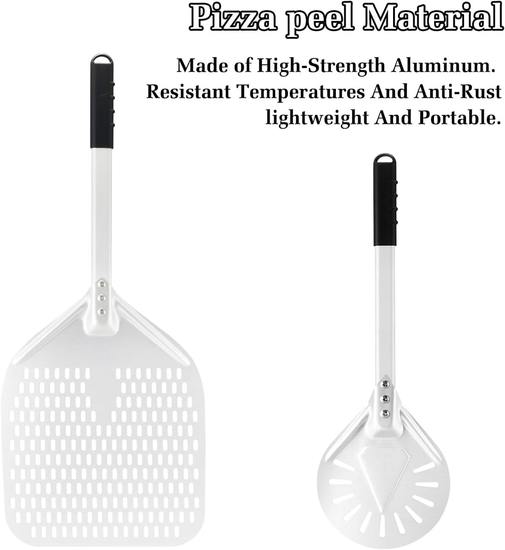 12 Inch + 7 Inch Perforated Pizza Peel Set, Pizza Turning Peel with Metal Handle, Pizza Spatula Paddle for Homemade Pizza Oven Accessories
