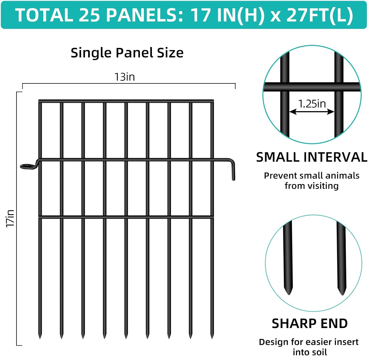 Animal Barrier Fence, 25 Panels No Dig Fences, 17in(H) X 27ft(L) Garden Fence Animal Barrier for Rabbits and Dog Under Fence Barrier, Rustproof Metal Fences Border for Outdoor, Yard, Patio