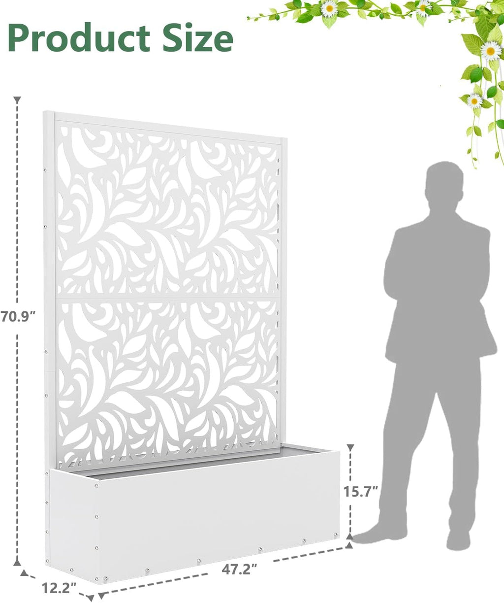 Metal Planter Box with Trellis,70.9"x47.2"x15.7" Raised Garden Bed with Drainage Holes, Privacy Planters for Outdoor Garden Bed for Climbing Plants,Vegetables,and Vines, White-Flower