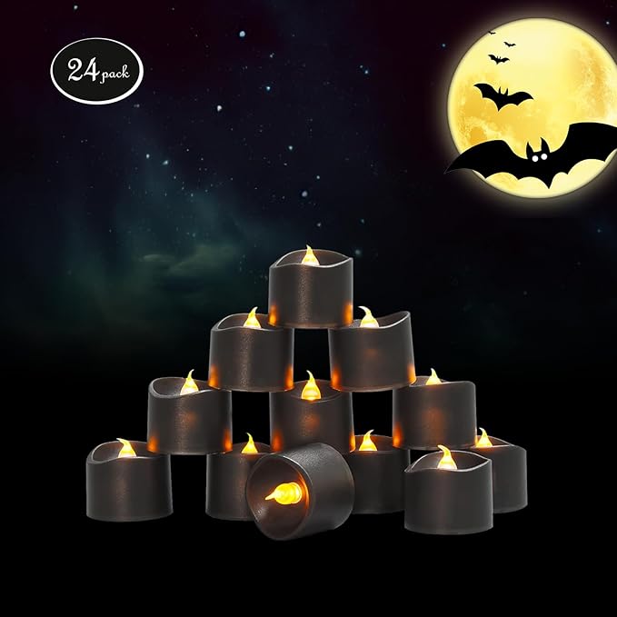 JOSU Flameless Candles Halloween Decorations, 24PCS Tea Lights Candles Battery Operated, Realistic Votive Tealights with Warm Light for Christmas Decors Outdoor(Black)