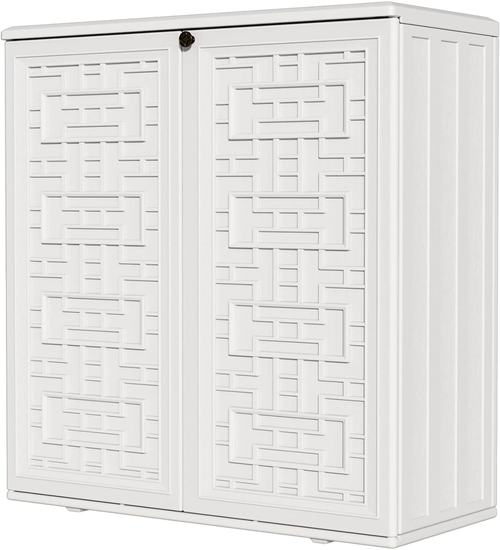 HOMSPARK Indoor/Outdoor Storage Cabinet with Doors and Shelf, 34”x16”x36” HDPE Plastic Storage Box for Patio, Bedroom, Bathroom, Living Room, Balcony, Multi-Purpose for Daily Tools, White