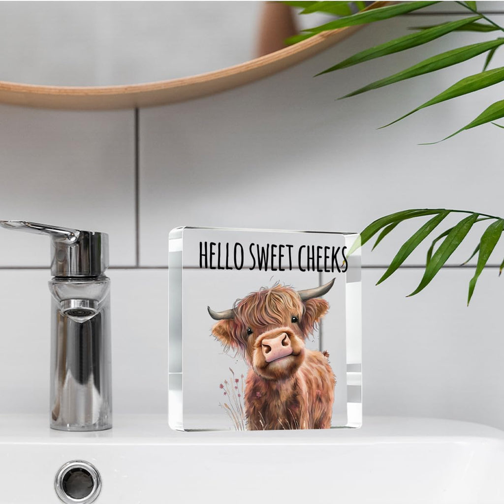 Highland Western Cow Bathroom Decor Gifts,Hello Sweet Cheeks Funny Acrylic Sign Bathroom Decor for Western & Highland Cow Lovers Gifts for Coworker, Friends, Boss, Men, Women 4x4 Inch