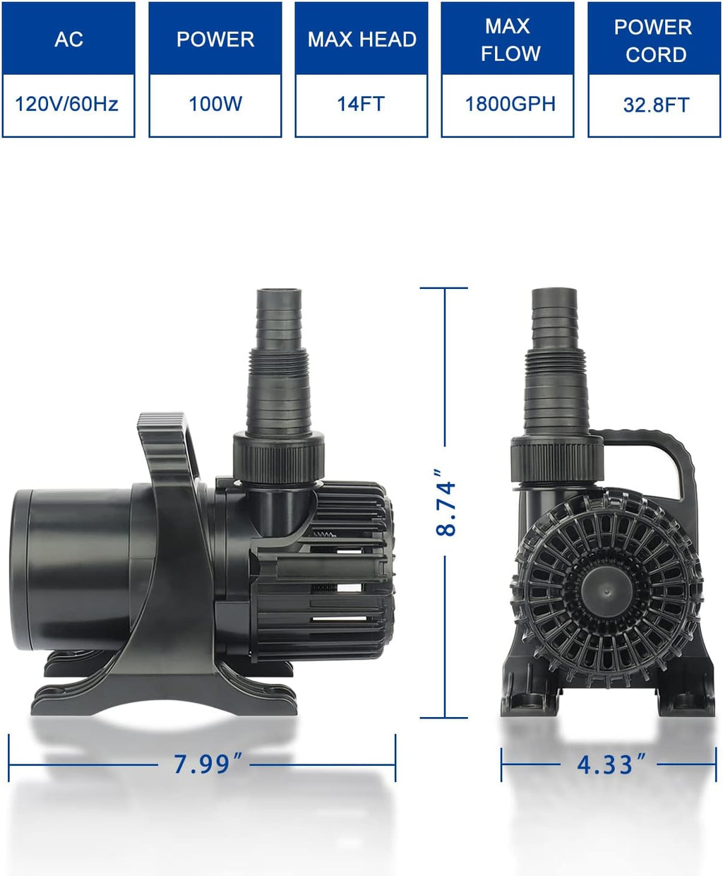 OYO WATER Outdoor 1800Gph-100W 32.8FT Small-Pond Water-fall & Kio Fish Fountain-s &Garden Pump Submersible IPX8: Long 32.8FT Cord Smart-er & Quieter Duck & Yard &Patio Ponds Pumps, 1 Barrier Pump Bag