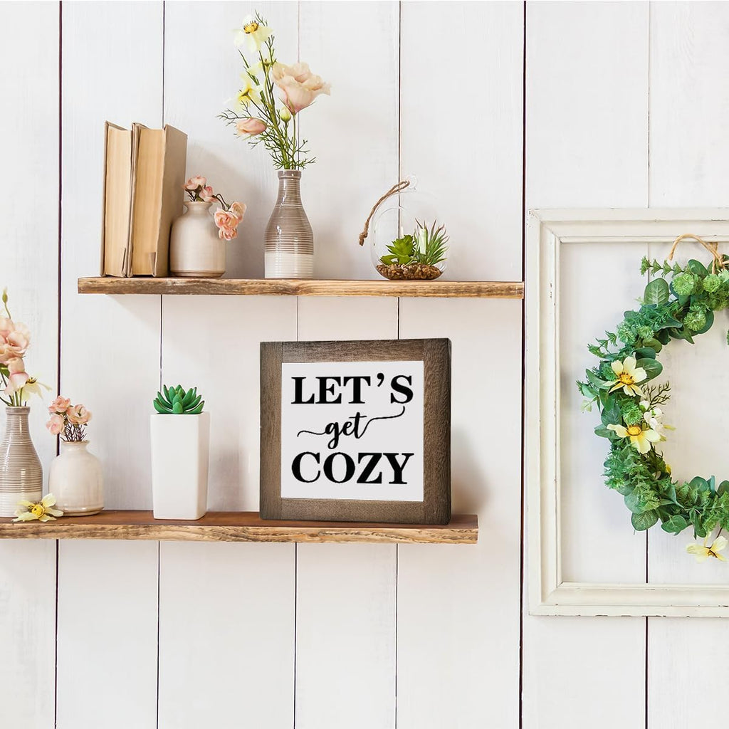 Inspirational Wood Signs, Box Wood Plaques Desk Décor, Farmhouse Home Decor Sign for Shelf, Family Table Decor for Kitchen Bedroom Dining Room, Living Room Decor, Housewarming Gift, Let's Get Cozy E