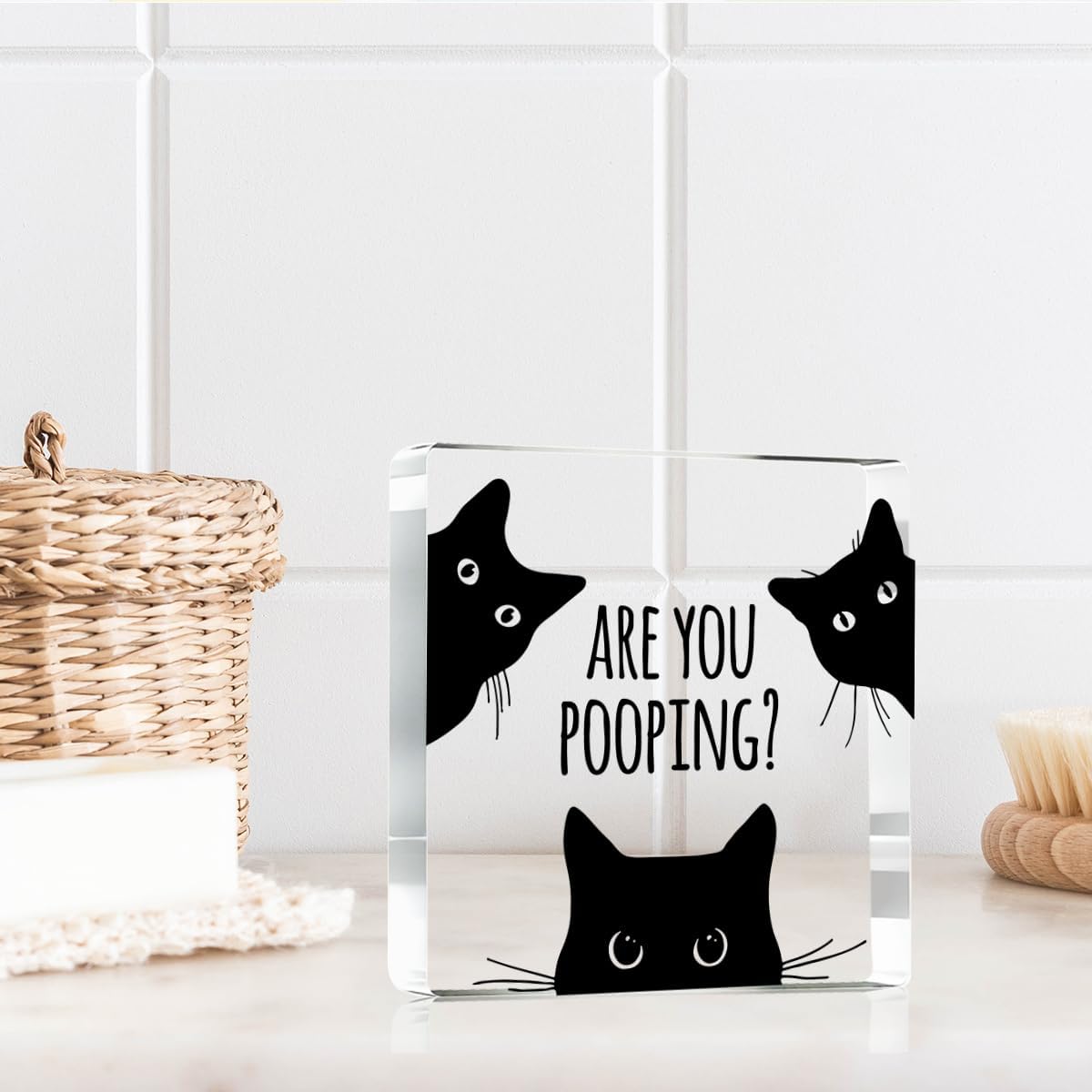 Are You Pooping Funny Sign，Black Cat Decor, Cat Bathroom Acrylic Decor，Home Decor Bathroom Creative Gift For Women Men，Funny Decorate Retro for Home Toilet 4x4 Inches