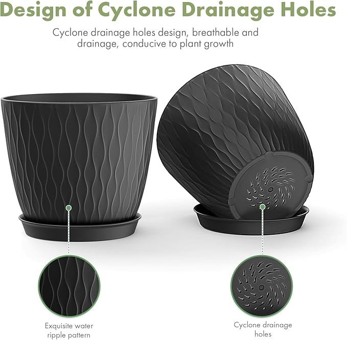 12 Pack 6 inch Plant pots, Plastic Planters with Drainage Holes and Saucers for Indoor Outdoor Flowers and Plants, Black
