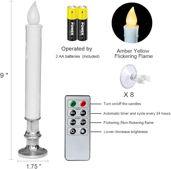 DRomance 9" Flameless Window Taper Candles Battery Operated with 8-Key Remote and Timer, 8 Pack White Christmas Holdiay Window Candles with Silver Holders, Suction Cups and AA Batteries Included