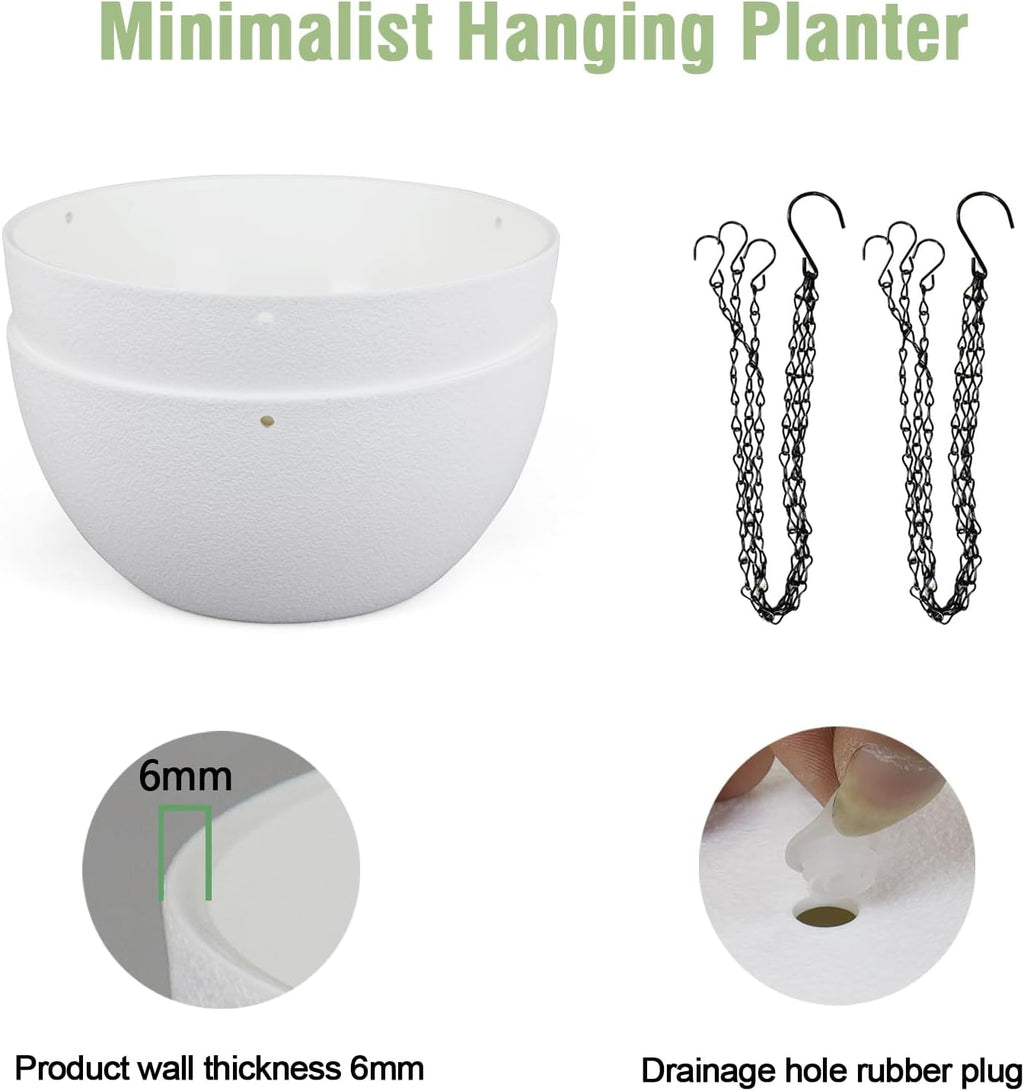 10 inch Hanging Planters for Indoor Outdoor Plants, 2 Pack Hanging Flower Pots with Drainage Holes and Chain for Garden Balcony Porch, Round Plastic Hanging Baskets for House Plants, White