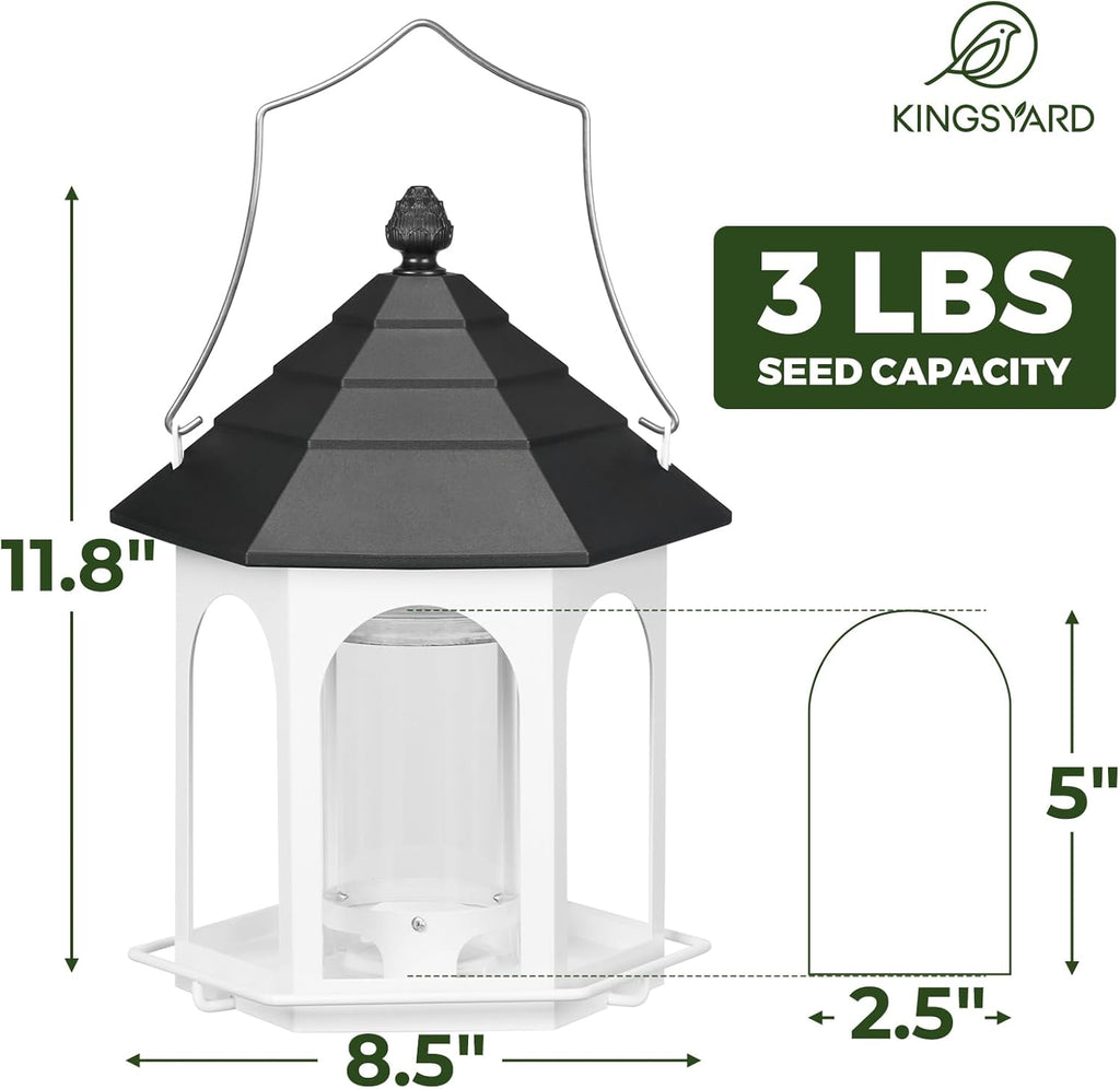Kingsyard Metal Bird Feeder for Outdoors Hanging, 3 lbs Seed Feeder, Wild Bird Feeders for Garden Cardinal Finch Bluebird, Easy to Fill & Clean, White