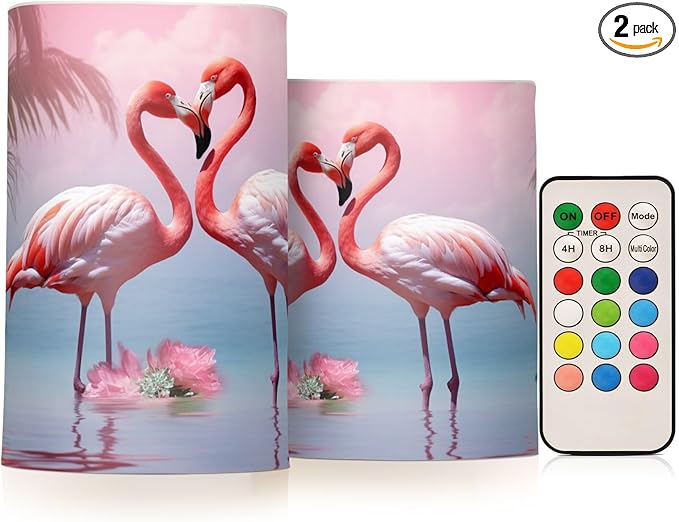 Flamingo Flameless Candles with Remote Control and Timer, Adjustable Brightness Long Lasting Battery Operated LED Pillar Candles for Indoor Outdoor Party Home Decor, 2 Pack
