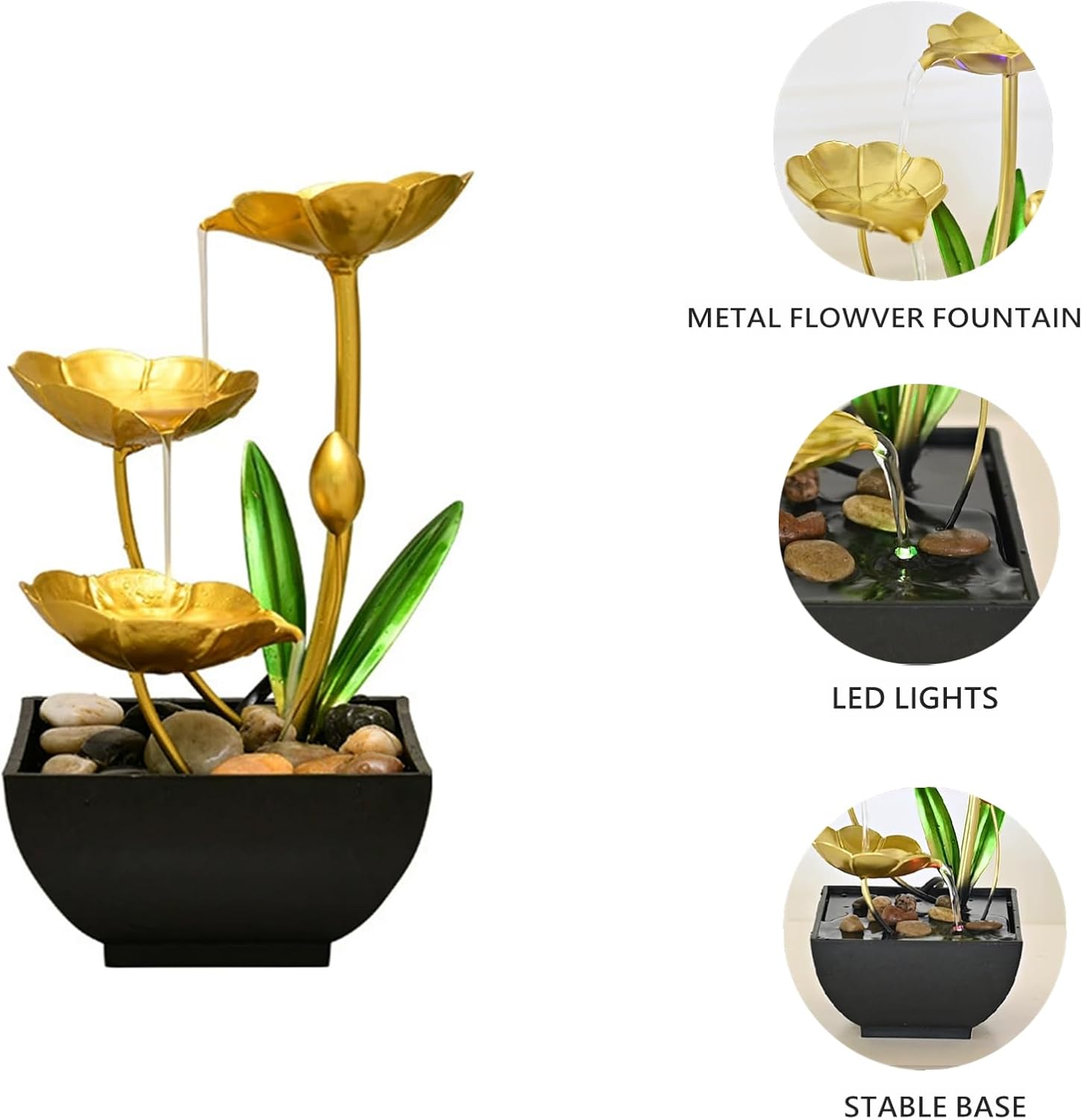 Gold Tabletop Water Fountain, Desktop Waterfall, Indoor Lotus Desktop Decorative Fountain, Home Bathroom Bedroom Decor.